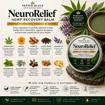 NeuroRelief Hemp Recovery Balm in a round tin container, shown on a white background with ingredient callouts, botanical illustrations, and benefit icons. The product is labeled Pepper-Black and features a dark green and white color scheme.