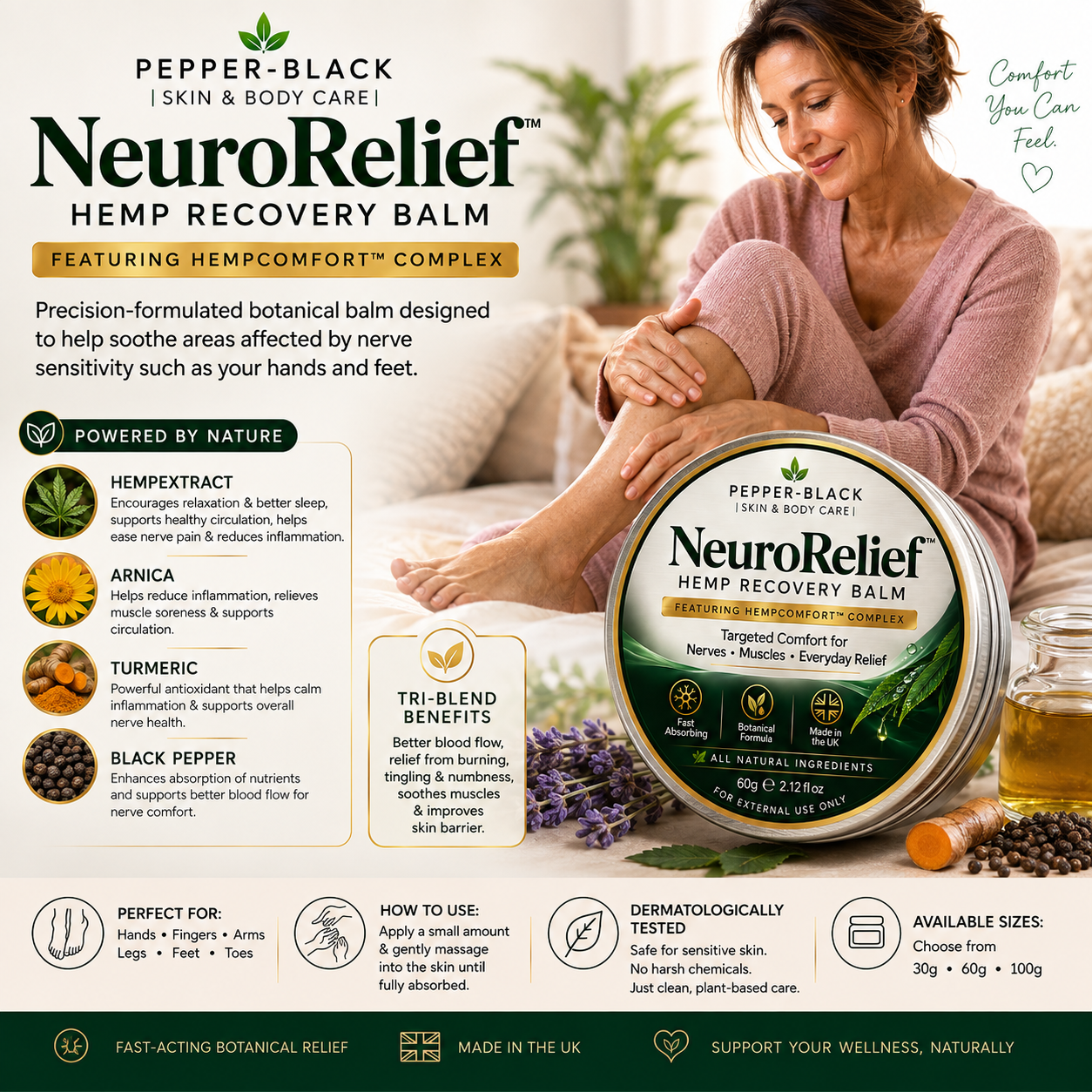Pepper-Black NeuroRelief Hemp Recovery Balm packaging shown alongside a woman applying the balm to her hand, with product benefits and usage instructions displayed on a white background.