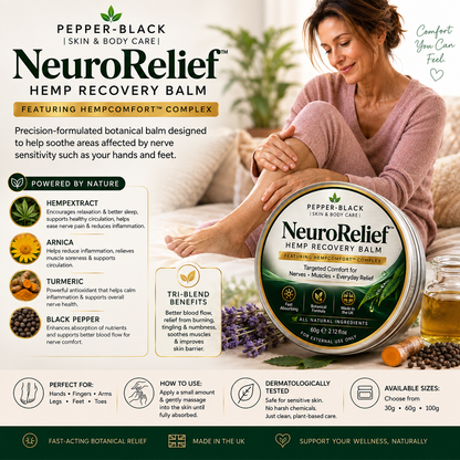 Pepper-Black NeuroRelief Hemp Recovery Balm packaging shown alongside a woman applying the balm to her hand, with product benefits and usage instructions displayed on a white background.