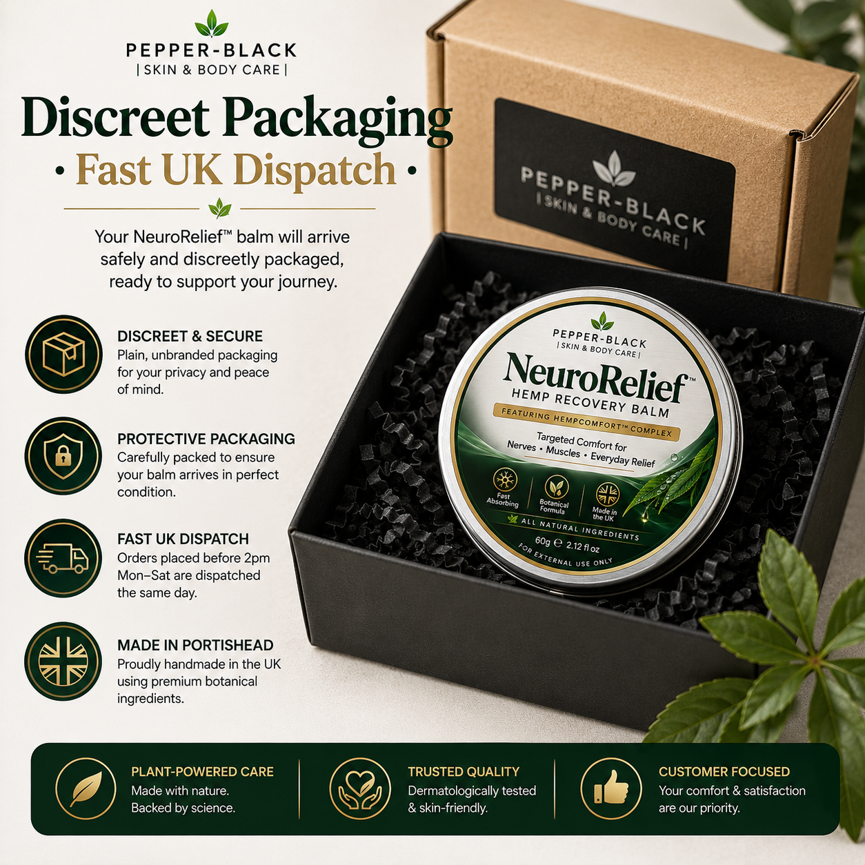 Pepper-Black NeuroRelief Hemp Recovery Balm tin shown next to its kraft cardboard box, with marketing text and feature icons about discreet packaging and fast UK dispatch.