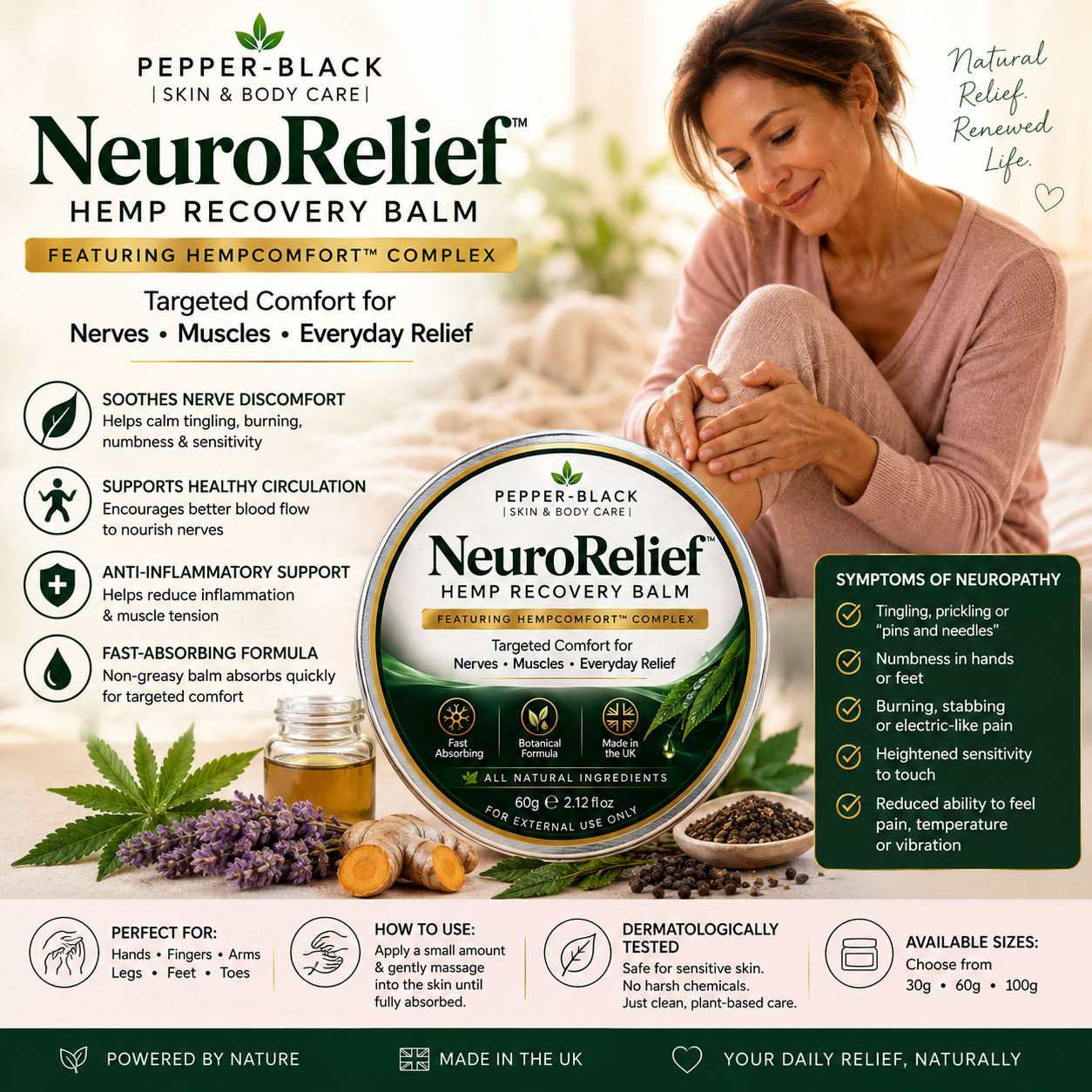Pepper-Black NeuroRelief Hemp Recovery Balm packaging and product display on a white background, featuring a round tin, a jar of loose herbs, lavender buds, and a lifestyle photo of a woman holding a child. The image includes detailed feature icons and text blocks outlining benefits, usage, and available sizes.