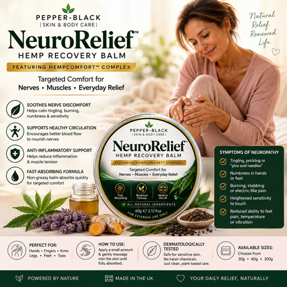 Pepper-Black NeuroRelief Hemp Recovery Balm packaging and product display on a white background, featuring a round tin, a jar of loose herbs, lavender buds, and a lifestyle photo of a woman holding a child. The image includes detailed feature icons and text blocks outlining benefits, usage, and available sizes.
