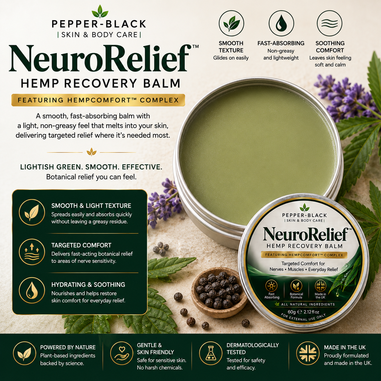 Pepper-Black NeuroRelief Hemp Recovery Balm packaging and product presentation on a styled background with lavender, hemp leaves, and peppercorns. The image shows an open round tin of pale green balm, a sealed product tin, and informational text and icons about texture, absorption, comfort, and benefits.