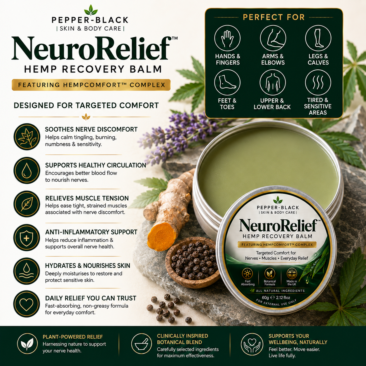 Pepper-Black NeuroRelief Hemp Recovery Balm in a round metal tin, shown alongside a product information infographic on a dark green background. The infographic details benefits, target areas, and usage, with the balm itself visible through the clear tin lid.