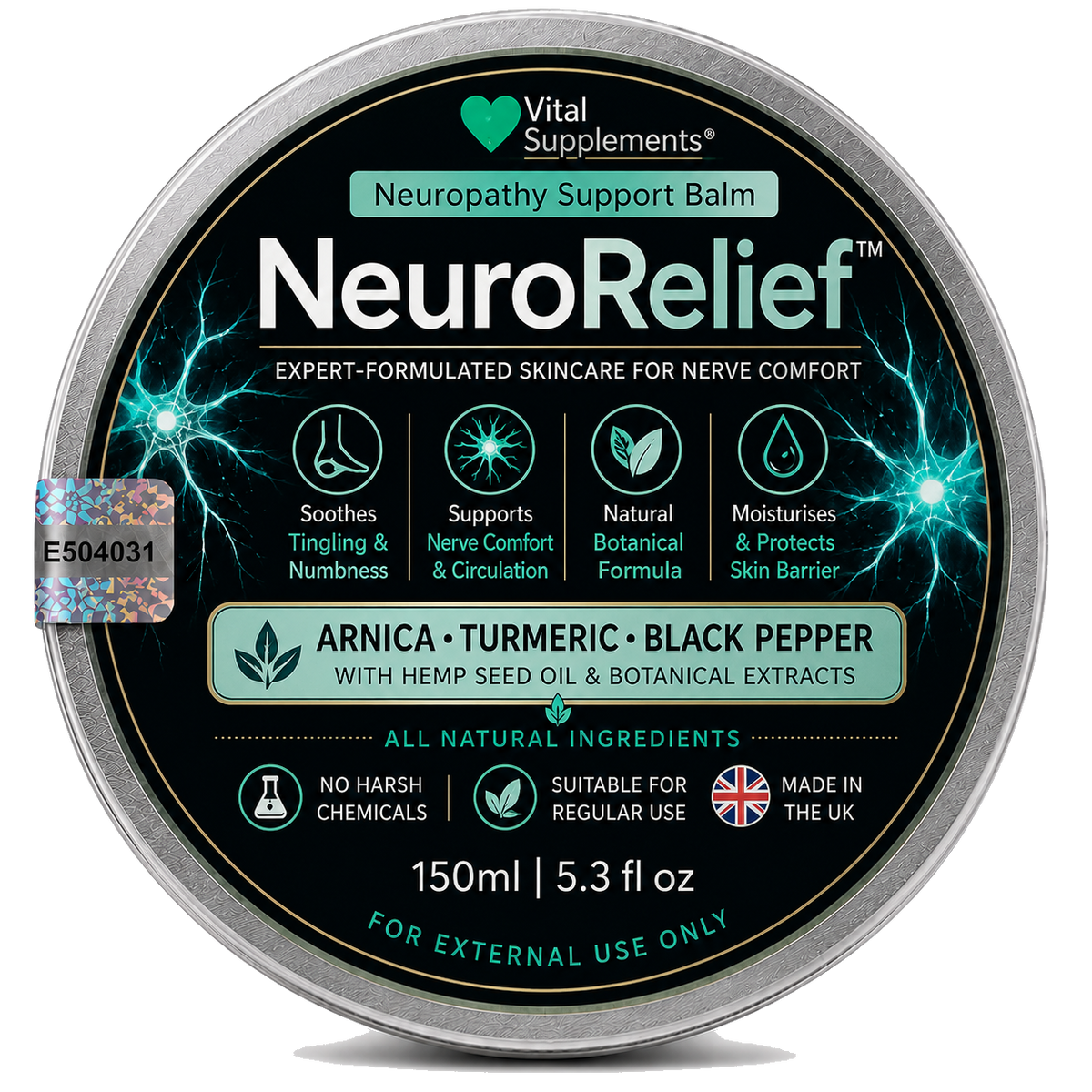 A round silver tin of Vital Supplements NeuroRelief Neuropathy Support Balm, featuring a black label with green and white text and blue lightning-like neuron graphics. The label lists ingredients such as arnica, turmeric, and black pepper, and states 'All Natural Ingredients'.