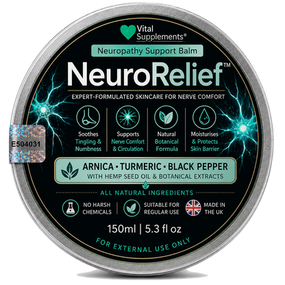 A round silver tin of Vital Supplements NeuroRelief Neuropathy Support Balm, featuring a black label with green and white text and blue lightning-like neuron graphics. The label lists ingredients such as arnica, turmeric, and black pepper, and states 'All Natural Ingredients'.