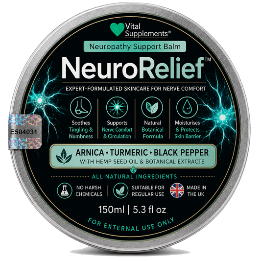 A round silver tin of Vital Supplements NeuroRelief Neuropathy Support Balm, featuring a black label with green and white text and blue lightning-like neuron graphics. The label lists ingredients such as arnica, turmeric, and black pepper, and states 'All Natural Ingredients'.