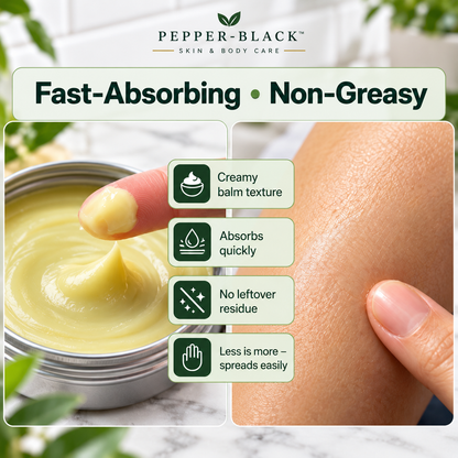 Pepper-Black skin and body care fast-absorbing non-greasy balm shown in a tin with a finger dipping it, alongside a close-up of skin with text callouts about creamy balm texture, quick absorption, no leftover residue, and easy spreading.