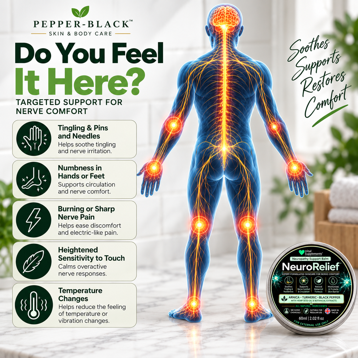 Pepper-Black NeuroRelief nerve pain relief balm tin shown on a white marble floor with a blue human body graphic displaying glowing orange nerve pathways. The graphic includes text describing relief benefits for tingling, numbness, burning pain, and temperature changes.