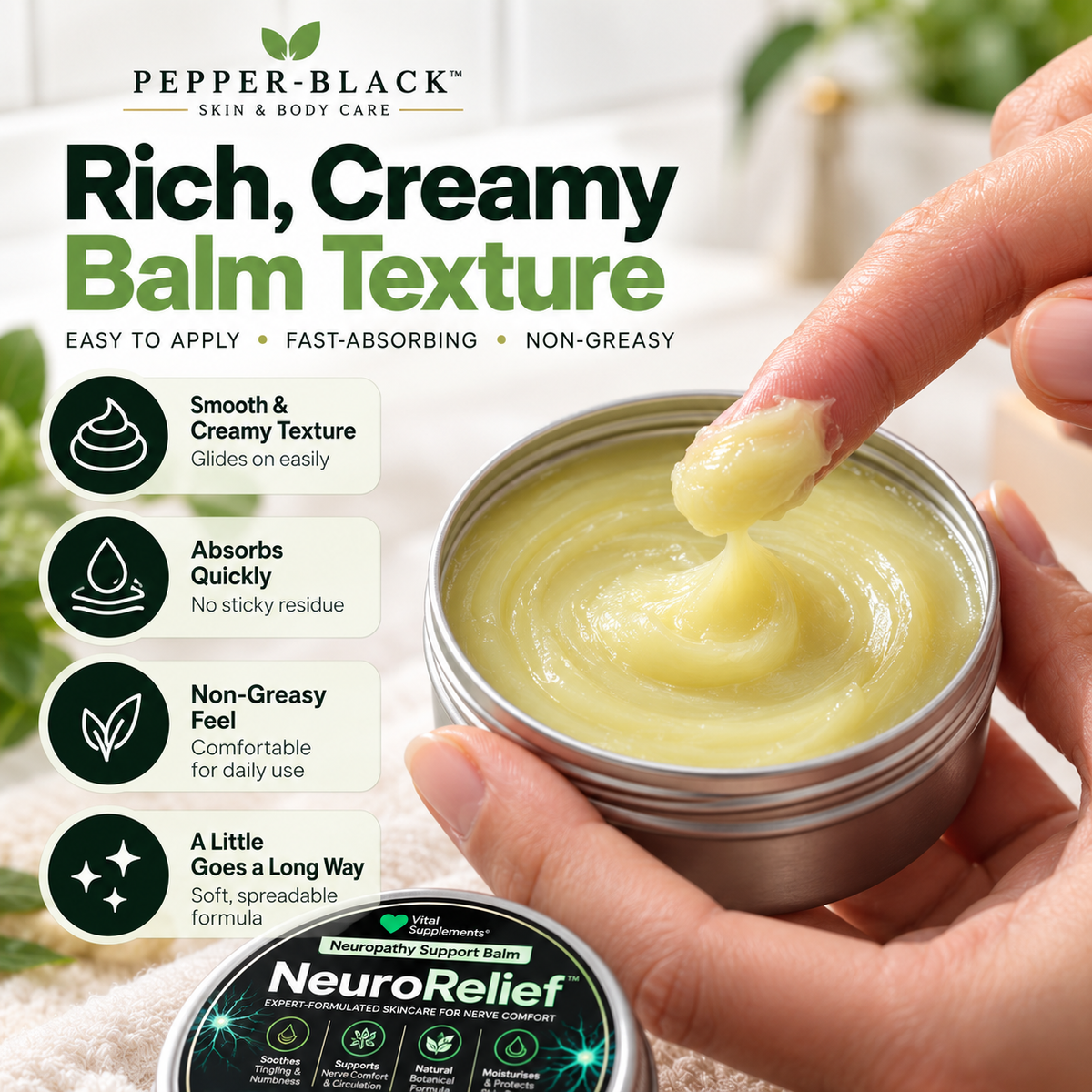 A hand holds an open round tin of Pepper-Black NeuroRelief balm, showing a thick creamy yellow-green balm being spread onto the fingertip. The tin lid is placed beside it, and the background is softly blurred.