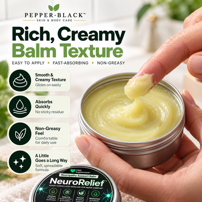 A hand holds an open round tin of Pepper-Black NeuroRelief balm, showing a thick creamy yellow-green balm being spread onto the fingertip. The tin lid is placed beside it, and the background is softly blurred.