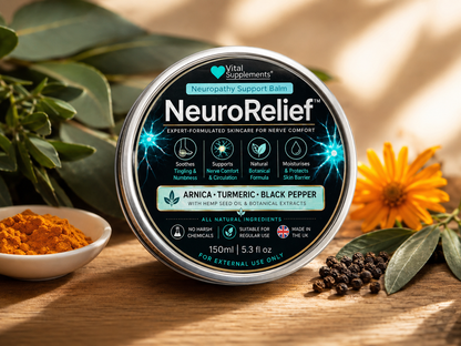 A round tin of Vital Supplements NeuroRelief Neuropathy Support Balm is displayed on a wooden surface with natural lighting. The product is shown with its silver lid, featuring a black and blue label with text for 'Arnica-Turmeric-Black Pepper'.