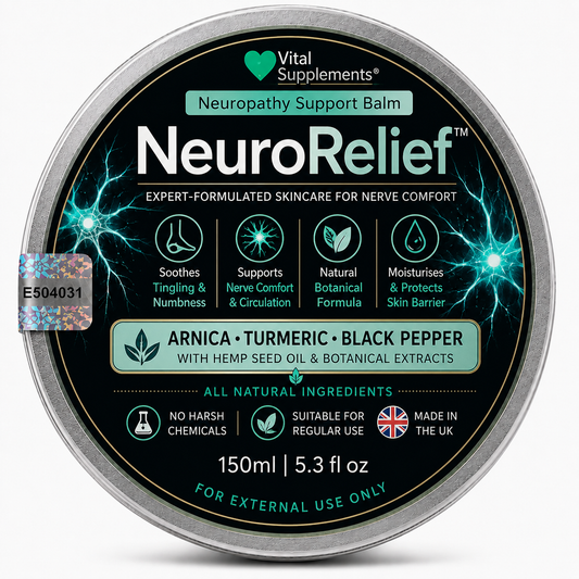 A round tin of Vital Supplements NeuroRelief Neuropathy Support Balm, featuring a black label with teal and white text, lightning and neuron graphics, and a silver metal rim on a white background.