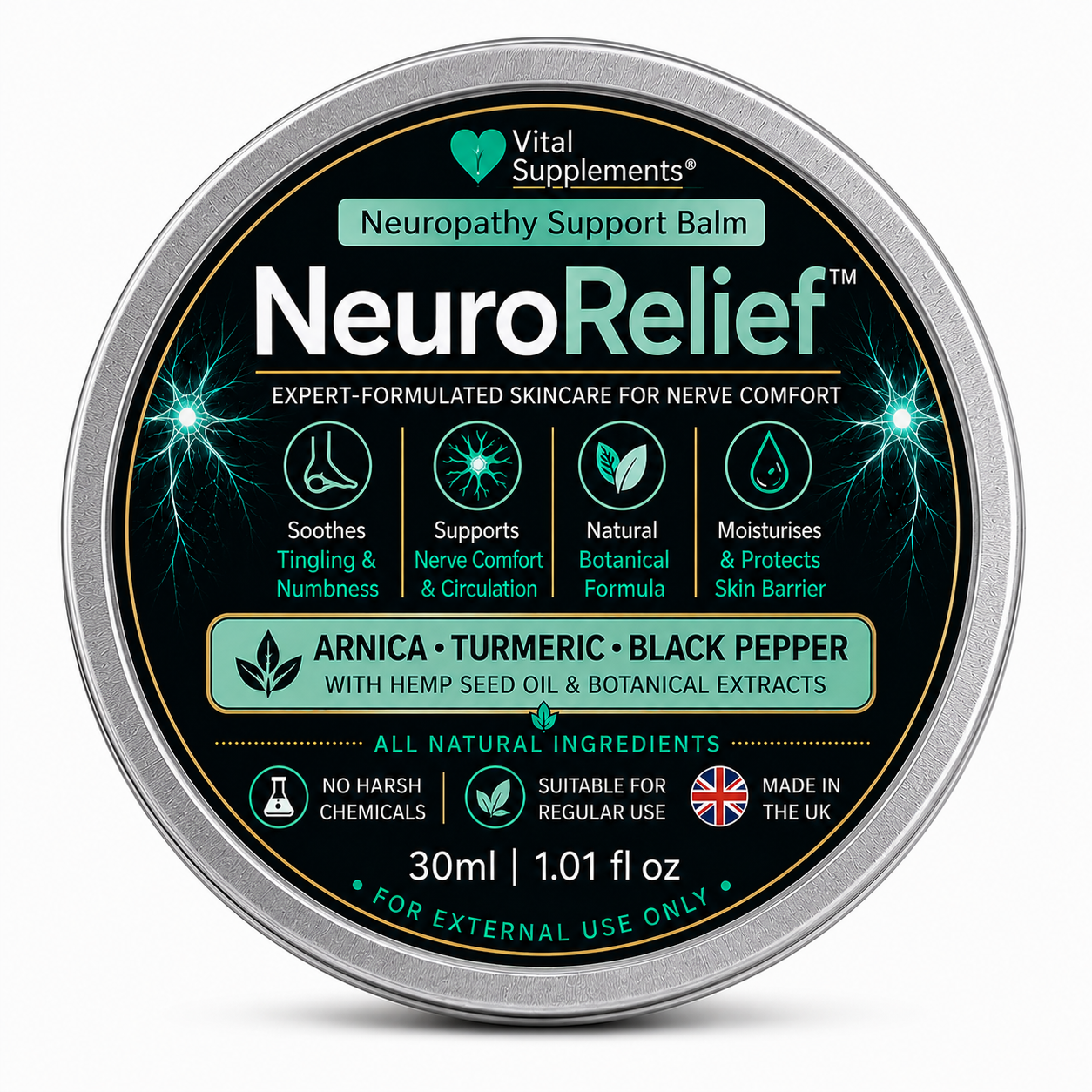 A round metal tin of Vital Supplements NeuroRelief Neuropathy Support Balm, featuring a black label with teal and white text and graphics.