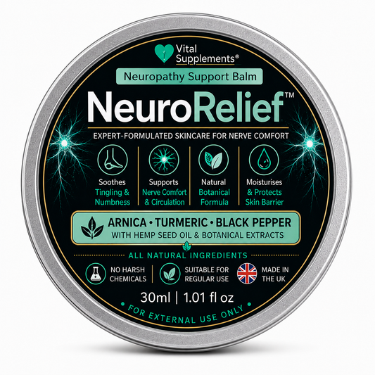 A round metal tin of Vital Supplements NeuroRelief Neuropathy Support Balm, featuring a black label with teal and white text and graphics.