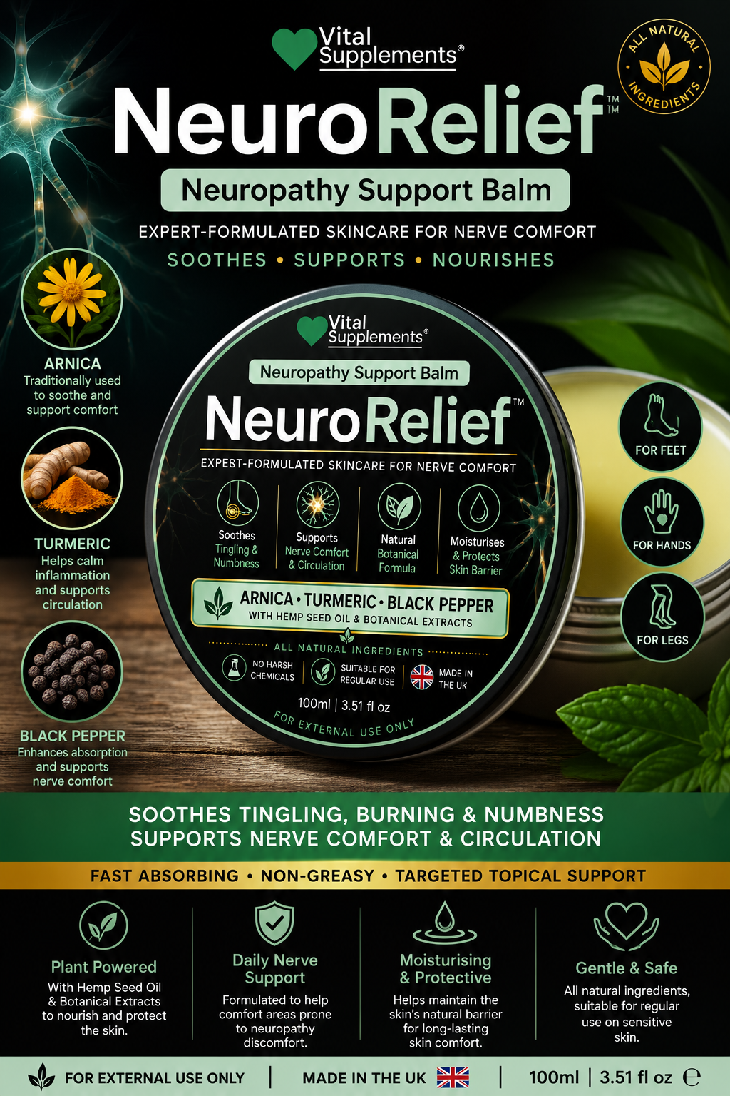 NeuroRelief™ - Neuropathy Pain Relief Balm - Max Strength | Arnica Turmeric Black Pepper