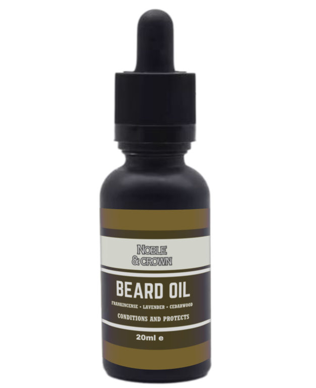 Bottle of Noble & Cream beard oil with dropper on a white background