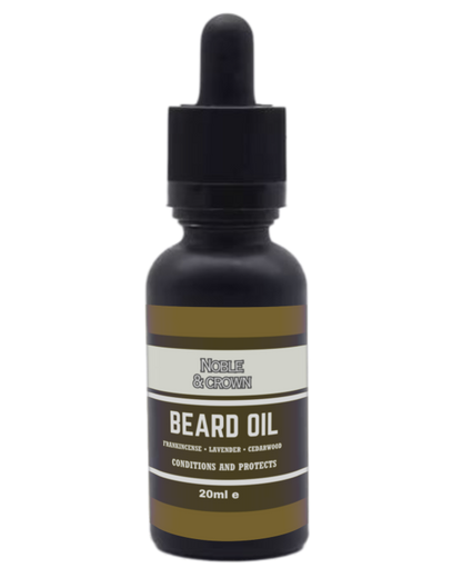 Bottle of Noble & Cream beard oil with dropper on a white background