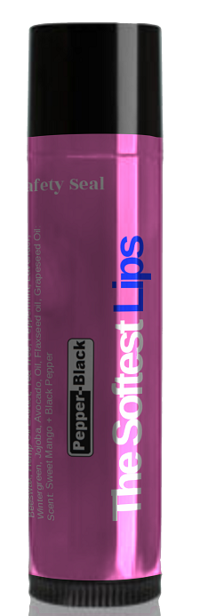 Lip balm container with pink and black design on a white background