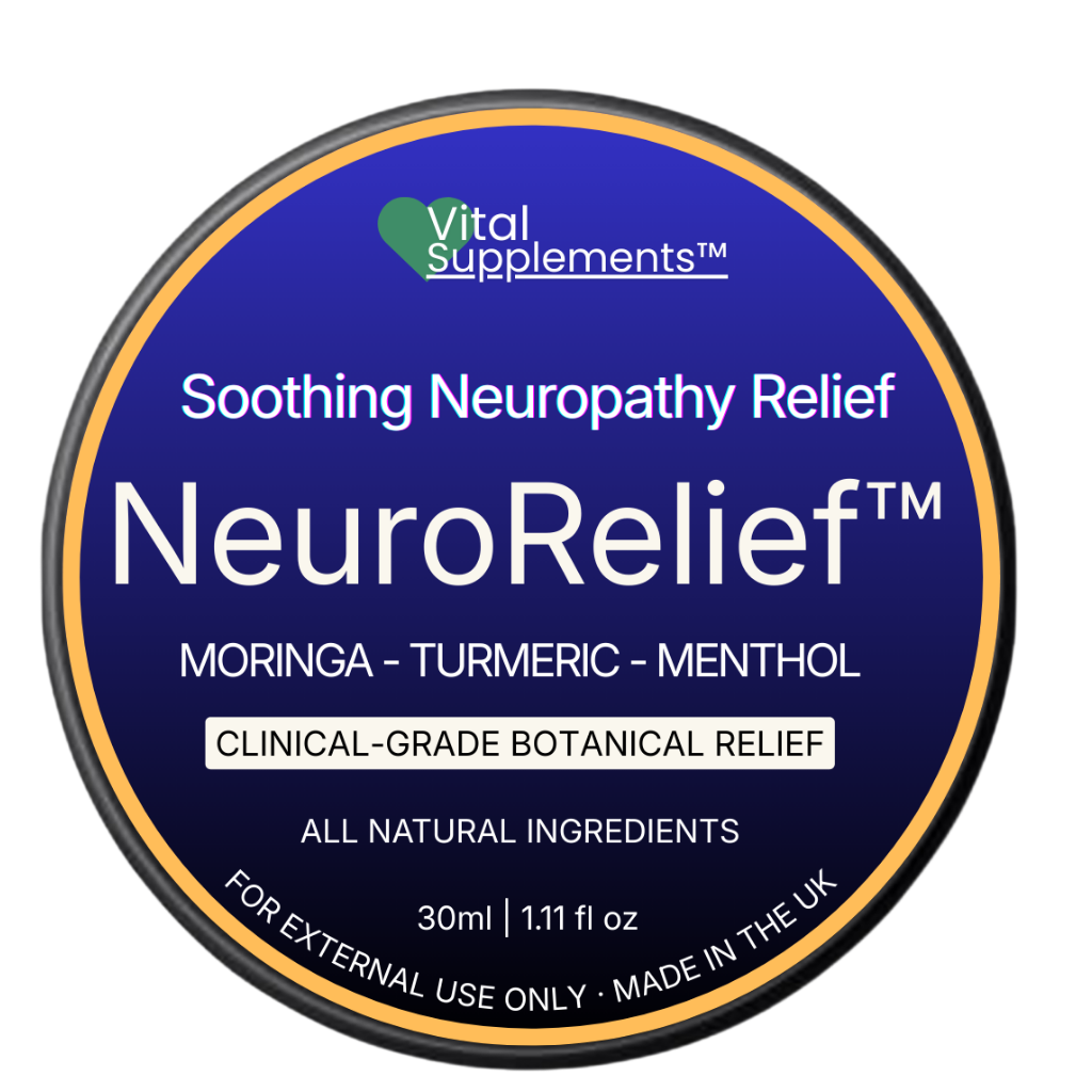 NeuroRelief product label for soothing neuropathy relief with Vital Supplements branding.