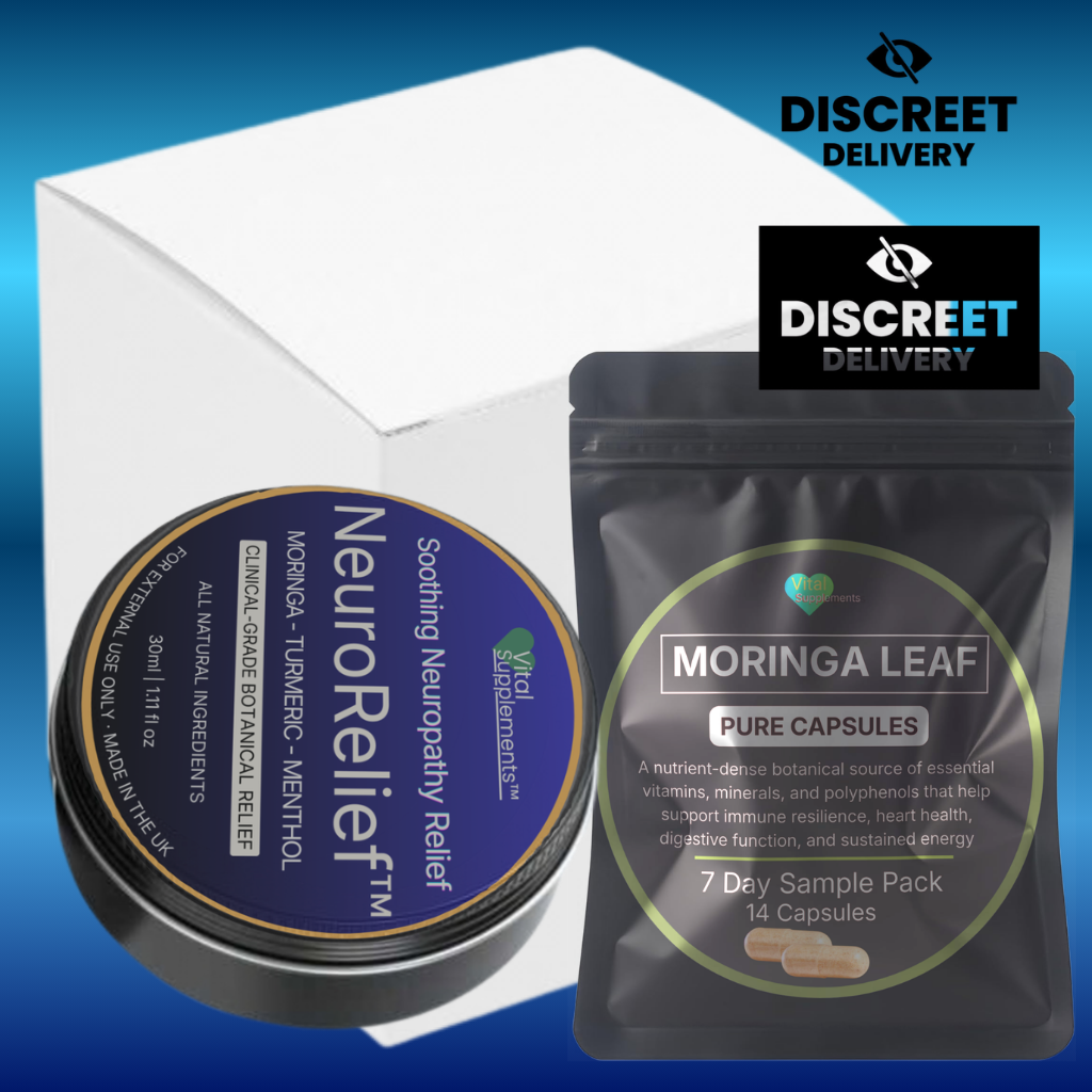 NeuroRelief and Moringa Leaf products with Discreet Delivery branding on a blue background