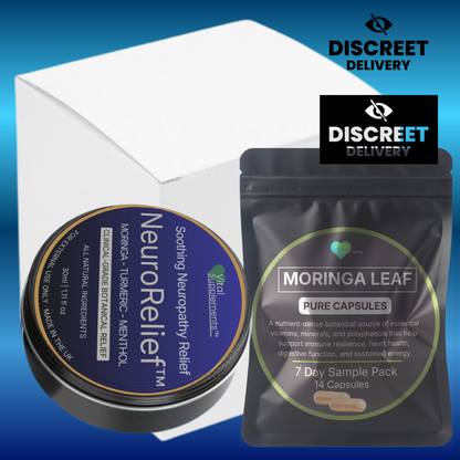 NeuroRelief and Moringa Leaf products with Discreet Delivery branding on a blue background