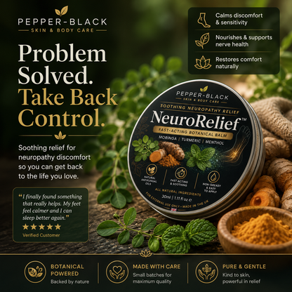 Pepper-Black NeuroRelief soothing neuropathy relief balm tin shown on a dark green promotional background with herbs, ginger, and text callouts about comfort relief.