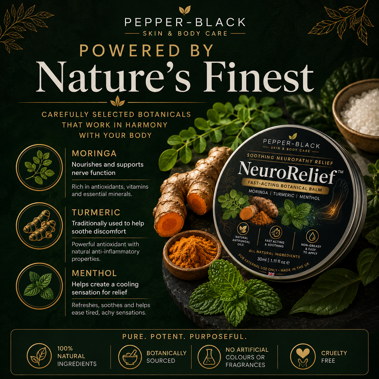 Pepper-Black NeuroRelief Fast-Aching Botanical Relief ointment tin shown on a dark green background with botanical illustrations, ingredient callouts including moringa, turmeric, and menthol, and a bowl of white powder.