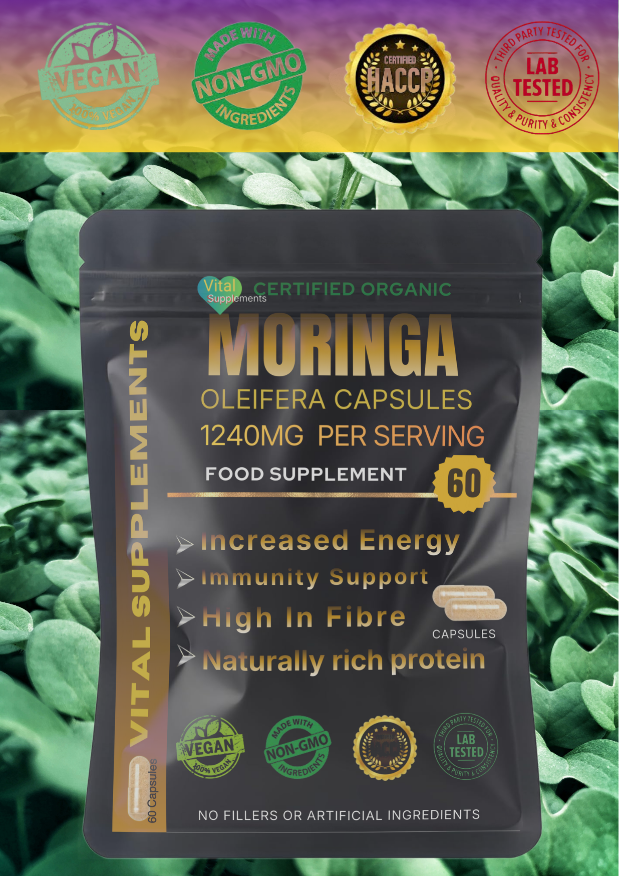 Moringa Capsules 1240mg | Organic Moringa Oleifera Leaf | Vegan | 30/60/90 | Supplements