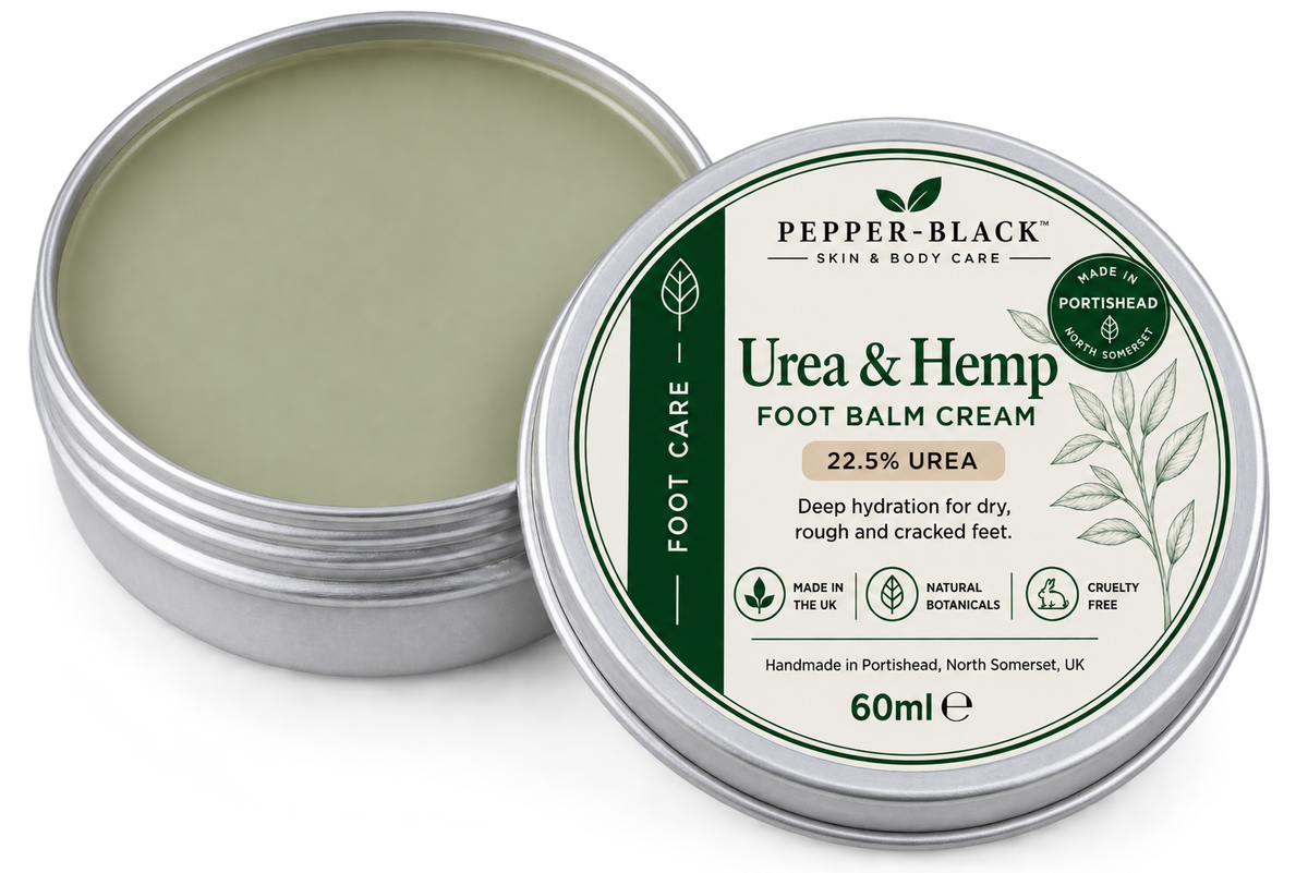 An open round silver tin of Pepper-Black Urea & Hemp Foot Balm Cream, small 60g tin